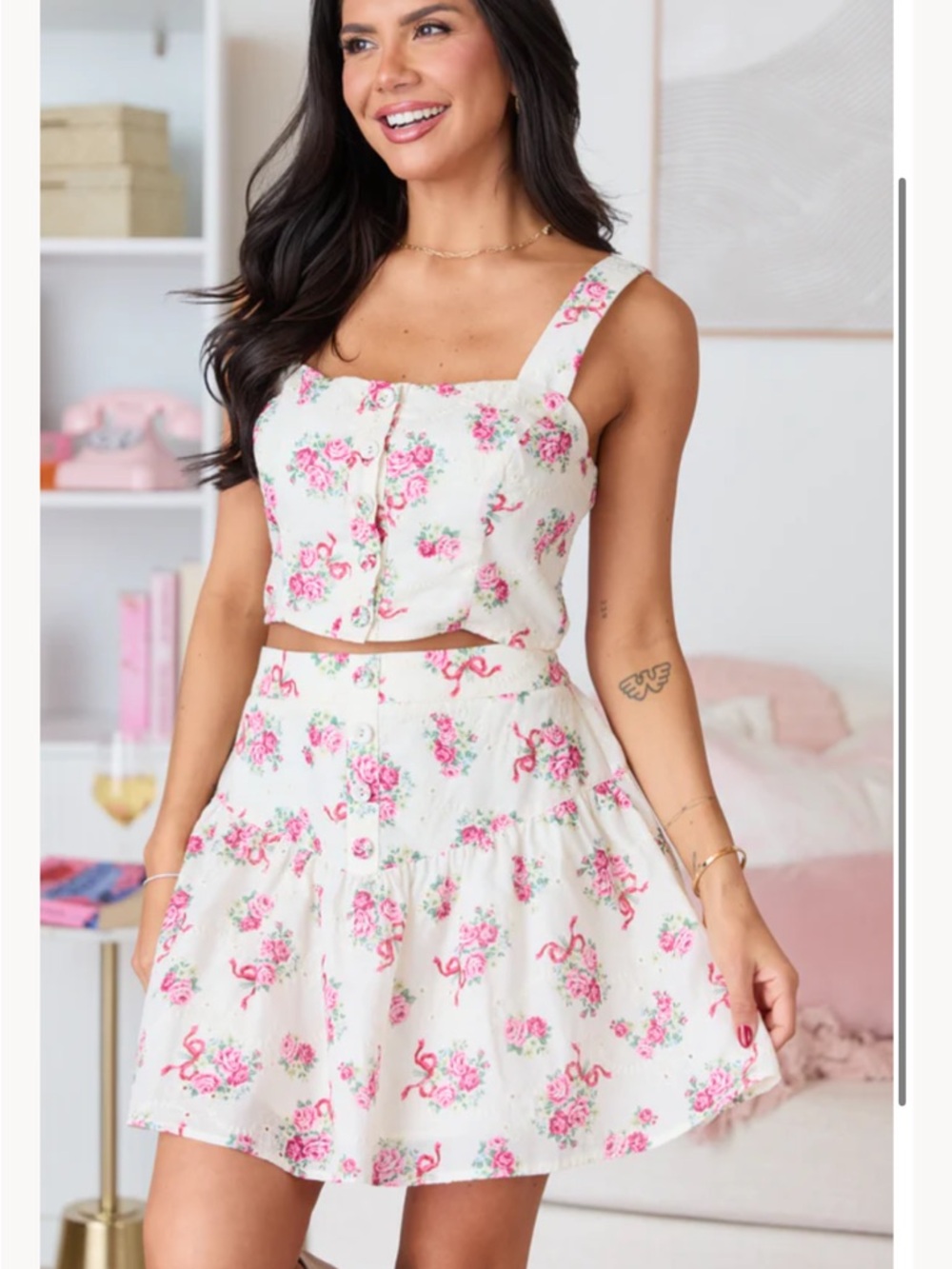 Pink Lily White Mini Skirt and Top with Pink Floral Print - Picture 2 of 3
